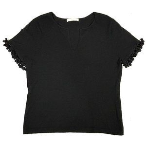 Naeem Khan 100% Fine Cashmere Sweater Women’s XL V-Neck Black Beaded‎ Pom EUC